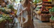 © ALLAI - A young Caucasian woman with a woven tote bag shopping in the fresh produce section of a supermarket