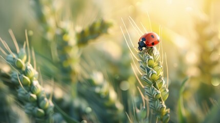 Wall Mural - young green wheat and ladybug on nature in spring summer