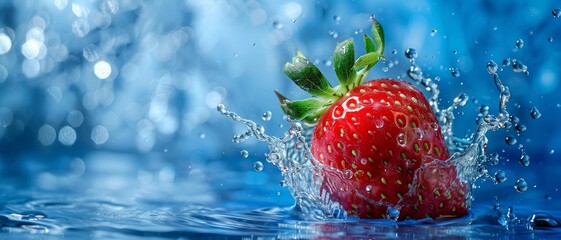 Wall Mural - Strawberry and water splash. captured with highspeed photography as they break through the waters surface.