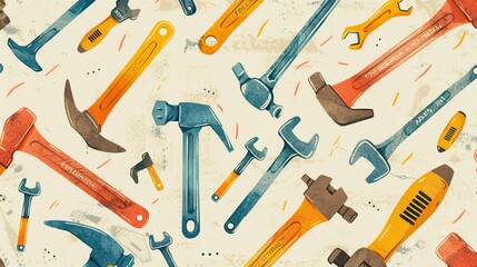 Wall Mural - a colorful assortment of tools, including blue, orange, yellow, and blue - and - yellow tools, are arranged on a isolated background alongside a yellow and orange bat