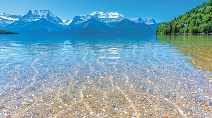 Wall Mural - Crystal-clear water of a serene mountain lake with pebble shoreline, surrounded by lush green foliage and majestic snow-capped peaks