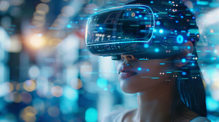 Wall Mural - A businesswoman using a virtual reality headset in a high-tech office, representing digital transformation and the next technology era, with space for text.