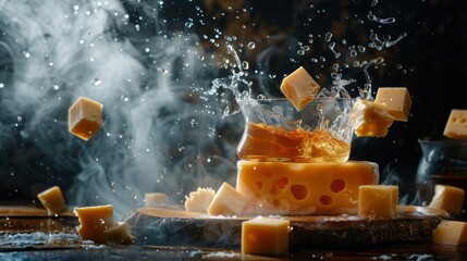 close-up of a ghostly cheeseboard with mist effects, tea splashing in mid-air, and cheese blocks des
