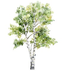 A tall, slender birch tree with light green leaves. The tree is in full bloom and its branches are drooping slightly. The bark is white with black stripes.