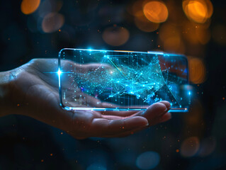 Wall Mural - A digital transformation conceptual image featuring a hand holding a transparent smartphone with holographic displays, with space for text.