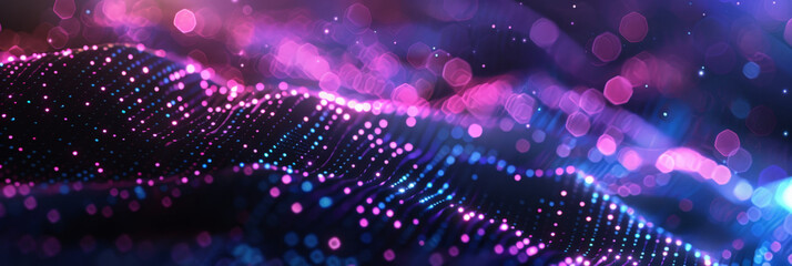 Wall Mural - 3d dark purple  blue neon lines wave dots representing digital binary data. Concept for big data, deep machine learning, artificial intelligence, business technology ,futuristic. banner	

