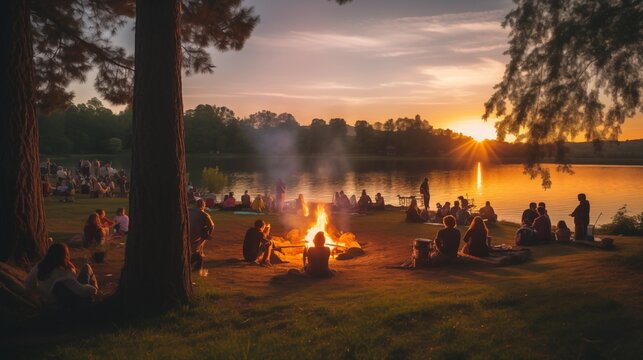 A picturesque Lag B'Omer celebration by a lake, with people setting up bonfires along the shore, children playing, and families enjoying the evening with food and music in a serene natural setting.