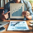 © Sharmin18april - A person holding a bar graph printed on paper, with the graph showing an upward trend generated by ai