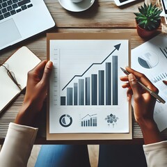 Wall Mural - A person holding a bar graph printed on paper, with the graph showing an upward trend generated by ai