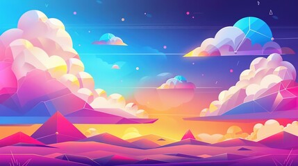 Wall Mural - Colorful abstract cartoon landscape with floating clouds and geometric shapes