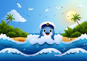 Wall Mural - Charming Cartoon Sailor Dolphin Surrounded by Palm Trees and Seagulls on a Sunny Day in Tropical Ocean Waves