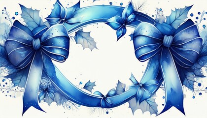 Wall Mural - Frame of blue ribbons and bow.Watercolor hand painted illustrations isolated on white background