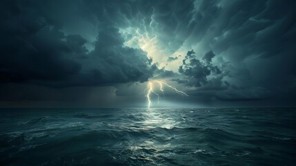 dramatic lightning storm over the ocean intense forks of lightning illuminating dark clouds and sea thunderous seascape abstract photo