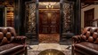 © furyon - elegant cigar lounge entrance exuding sophistication with rich mahogany doors and intricate ironwork