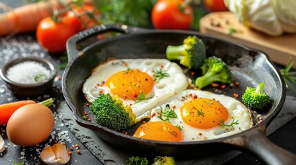 Wall Mural - Fried eggs with assorted vegetables including carrots broccoli and cabbage