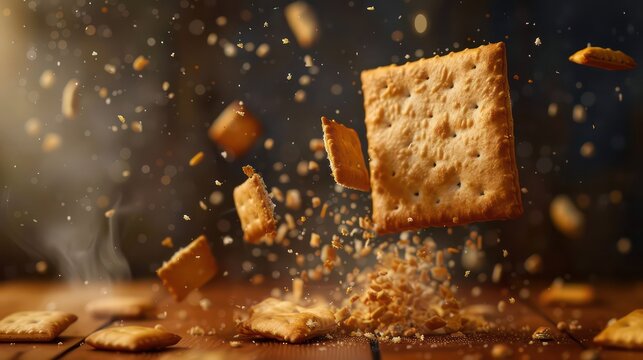 cracker wallpaper breaking in suspension in the air and with crumbs flying towards the camera, very realistic and professional
