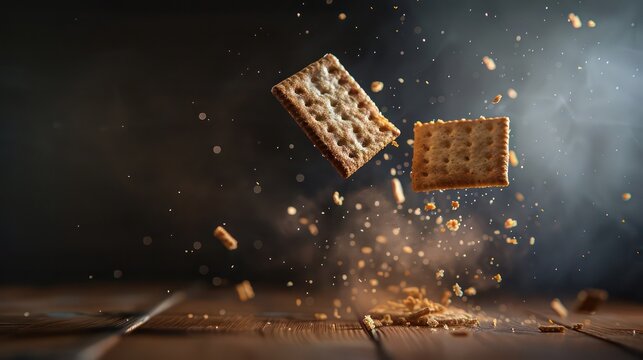 cracker wallpaper breaking in suspension in the air and with crumbs flying towards the camera, very realistic and professional
