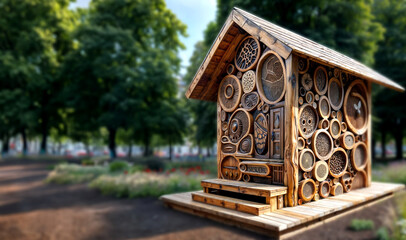 A dwelling made of wood, designed by the hand of man to create a comfortable environment for insects is carefully installed in a city park. A place for copying