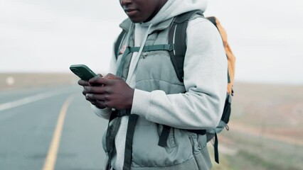 Sticker - Hands, phone and travel person on road with app for backpacking, ride share or transport closeup. Direction, location and map with tourist remote street to search for information or navigation