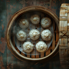 Wall Mural - Bamboo steamer with dim sum on table Asian cuisine dish