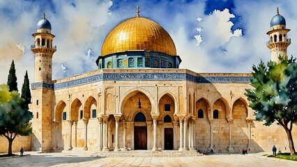 Al Aqsa Mosque  in Jerusalem with watercolor painting art. Islamic Architecture