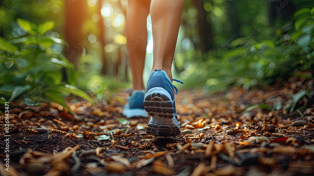 Back view of a young woman walking on the trail in a forest Stock Photo ...