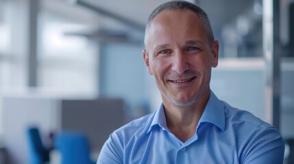 adult confident man in a blue shirt on a background of an office room
