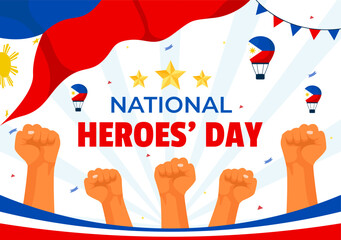 Wall Mural - Philippines Heroes Day Vector Illustration on August 29 with Waving Flag and Ribbon in a National Holiday Celebration, Flat Cartoon Style Background