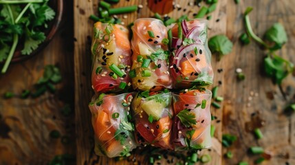 Wall Mural - Tasty spring rolls placed on a wooden surface in a top down view