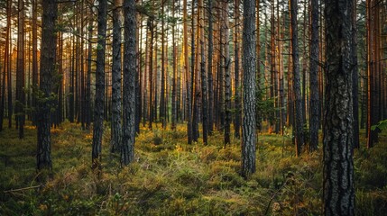 realistic photography of coniferous forest. abstract background of a northern forest