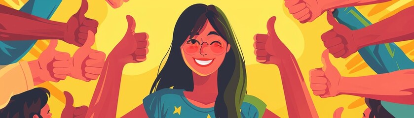 Cheerful young woman surrounded by hands with thumbs up Concept of public approval, acknowledgment by audience, positive opinion, recognition Colored vector illustration in flat cartoon style, closeup