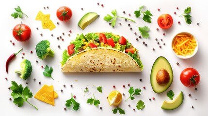 taco shell with fresh and healthy ingredients arranged on a white background