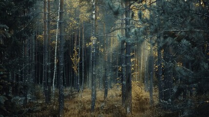 realistic photography of coniferous forest. abstract background of a northern forest