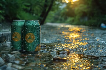 Wall Mural - two green cans wallpaper with sparkling water reflections