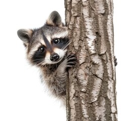 Wall Mural - A curious raccoon peeking out from behind a tree trunk, its masked face twitching with curiosity isolated on white background  