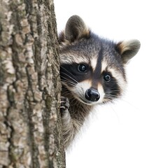 Wall Mural - A curious raccoon peering out from behind a tree trunk, its masked face watching intently isolated on white background  