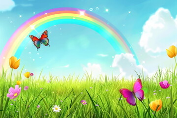 Wall Mural - spring background with rainbow, nature