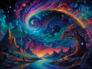 Wall Mural - Ethereal Reverie : Step into a dreamscape where abstract forms waltz with celestial hues. Floating islands and mystical creatures bask in the luminous embrace of the Aurora.
