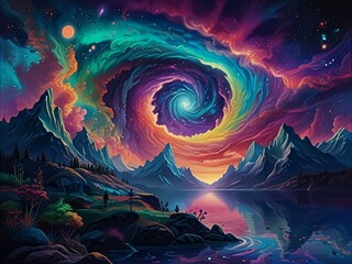 Wall Mural - Ethereal Reverie : Step into a dreamscape where abstract forms waltz with celestial hues. Floating islands and mystical creatures bask in the luminous embrace of the Aurora.
