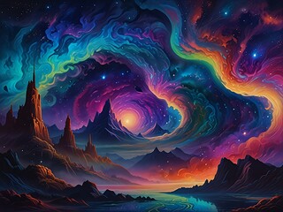 Wall Mural - Ethereal Reverie : Step into a dreamscape where abstract forms waltz with celestial hues. Floating islands and mystical creatures bask in the luminous embrace of the Aurora.
