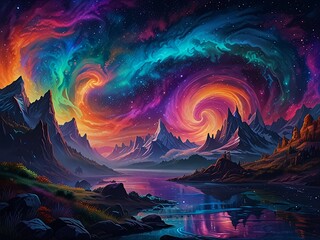 Wall Mural - Ethereal Reverie : Step into a dreamscape where abstract forms waltz with celestial hues. Floating islands and mystical creatures bask in the luminous embrace of the Aurora.
