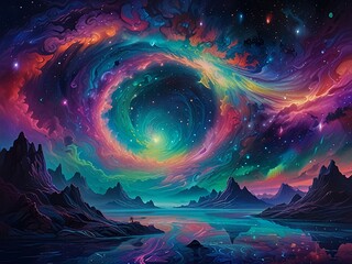 Wall Mural - Ethereal Reverie : Step into a dreamscape where abstract forms waltz with celestial hues. Floating islands and mystical creatures bask in the luminous embrace of the Aurora.
