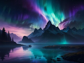 Wall Mural - Ethereal Reverie : Step into a dreamscape where abstract forms waltz with celestial hues. Floating islands and mystical creatures bask in the luminous embrace of the Aurora.
