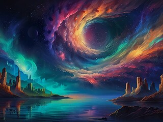 Wall Mural - Ethereal Reverie : Step into a dreamscape where abstract forms waltz with celestial hues. Floating islands and mystical creatures bask in the luminous embrace of the Aurora.
