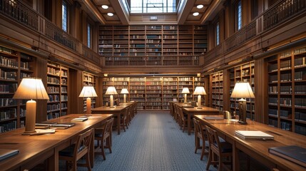 Legal Research Haven: Scholarly Library with Rows of Law Books and Study Tables