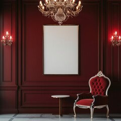 Wall Mural - red wall museum room with empty frame mockup, Ai generated Images