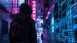 © Pojjanee - Rogue technomancer in dark alley close up, focus on, copy space neon hues, Double exposure silhouette with circuitry