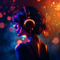 lady dj short hair n headphones, dark background with lights