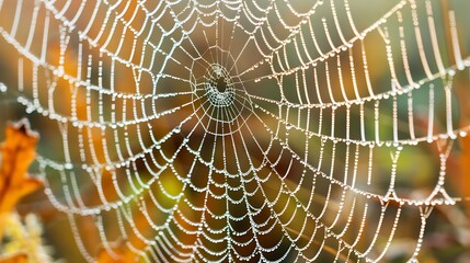 Photograph the intricate web of a spider, with morning dew glistening like tiny pearls on the silken threads
