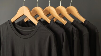 Wall Mural - Plain black t-shirts displayed in a row on a hanger, Ai generated Images